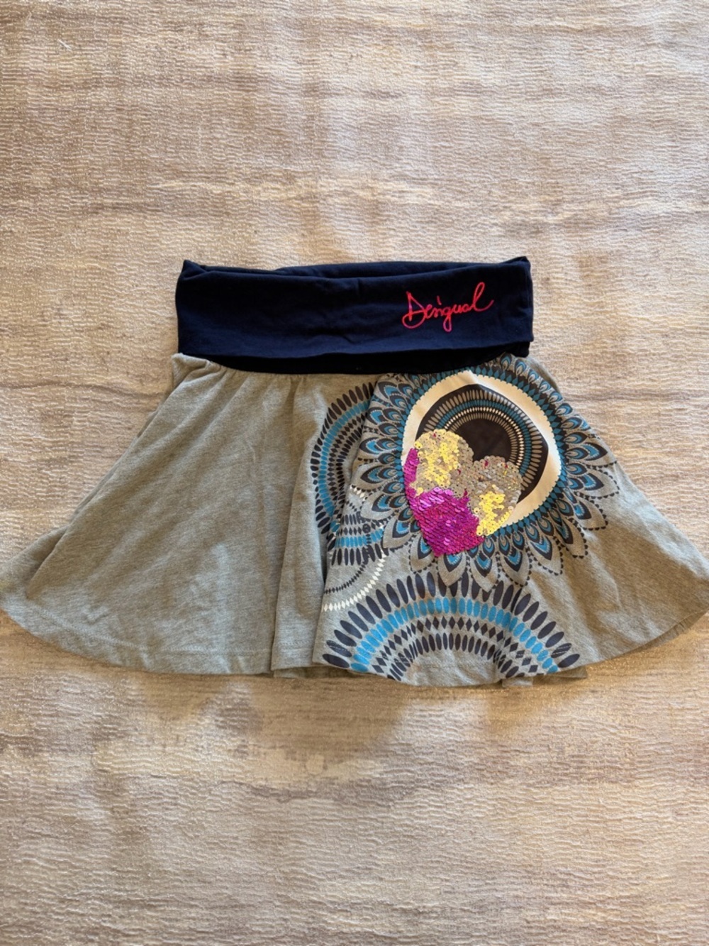 Desigual Gray Flared Skirt with Navy Waistband and Sequin Heart, Size 7/8